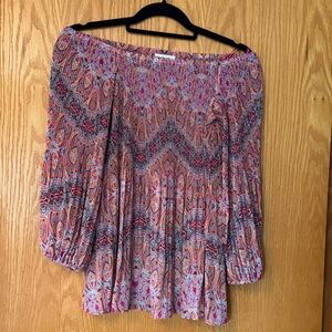 Rose & Olive Off-Shoulder Paisley Tunic in Pink and Orange